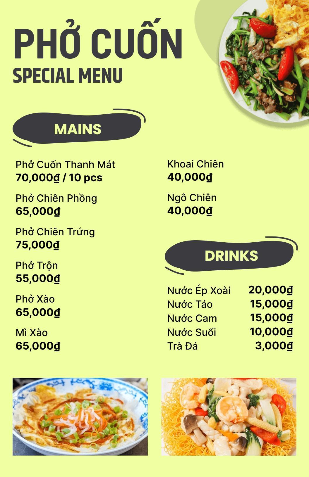 Mẫu Thực đơn đặc Biệt: Phở Cuốn Việt Nam Chuẩn Vị Và Các Món ăn Kèm Hấp Dẫn