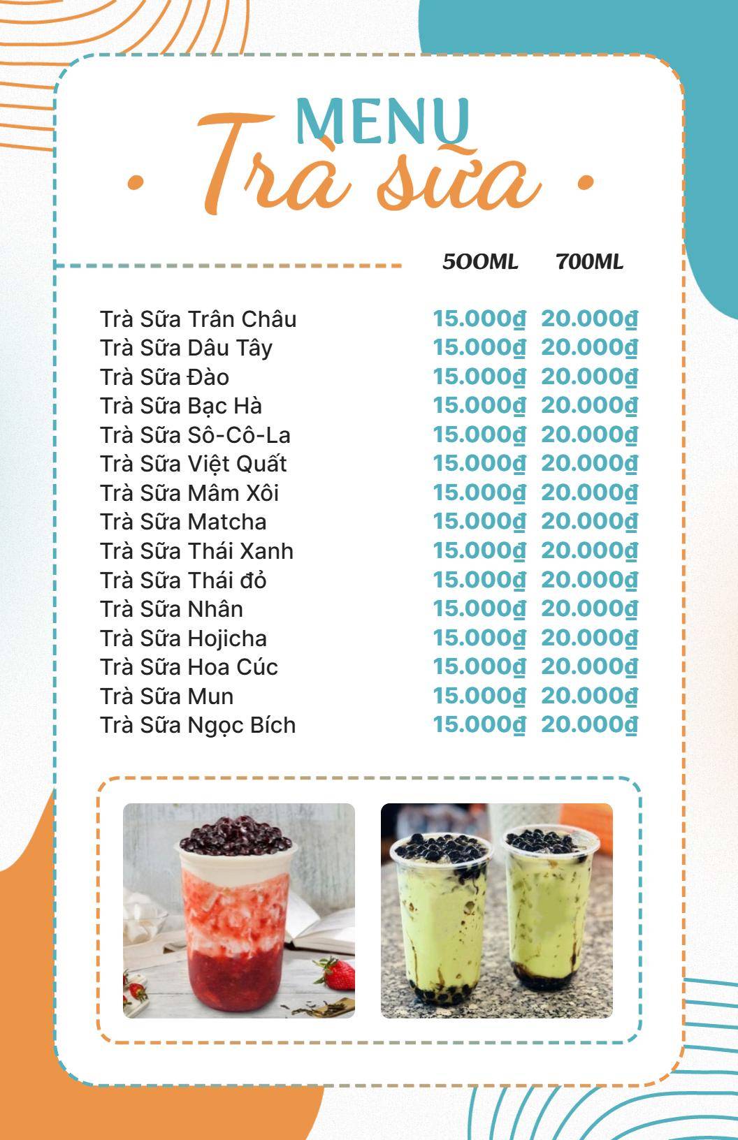 Mẫu Thực đơn đồ Uống Các Hương Vị Trà Sữa Và Lựa Chọn Trái Cây Tươi Mát