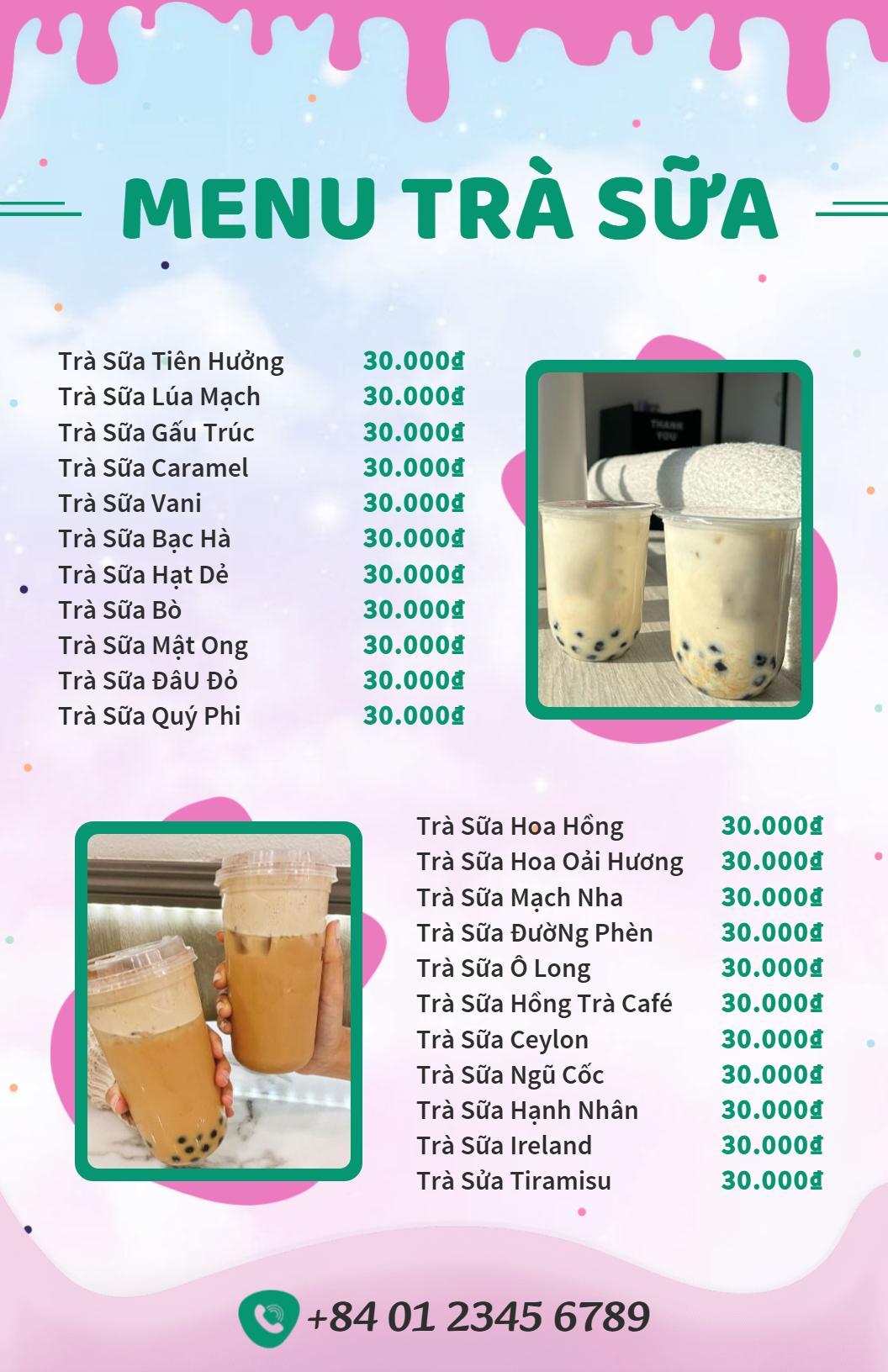 Mẫu Thực đơn Trà Sữa đầy Màu Sắc
