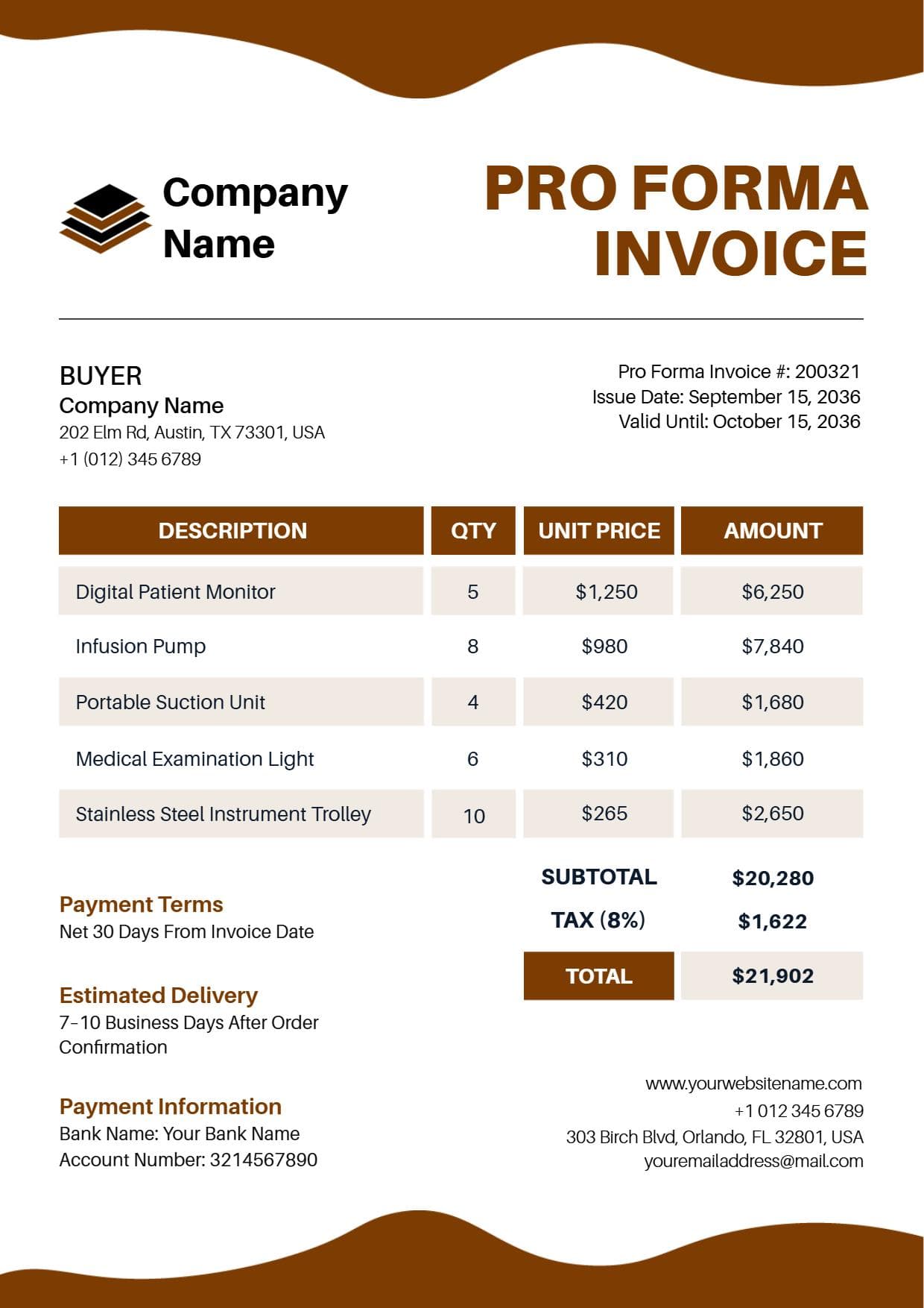 Medical Equipment Cost Proforma Invoice Template