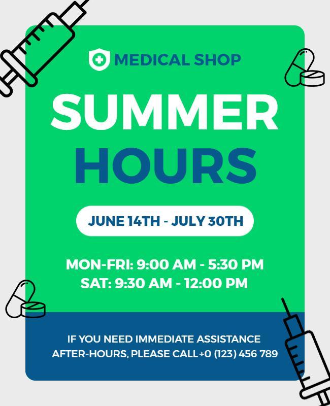 Medical Shop Summer Hours Announcement Flyer Template