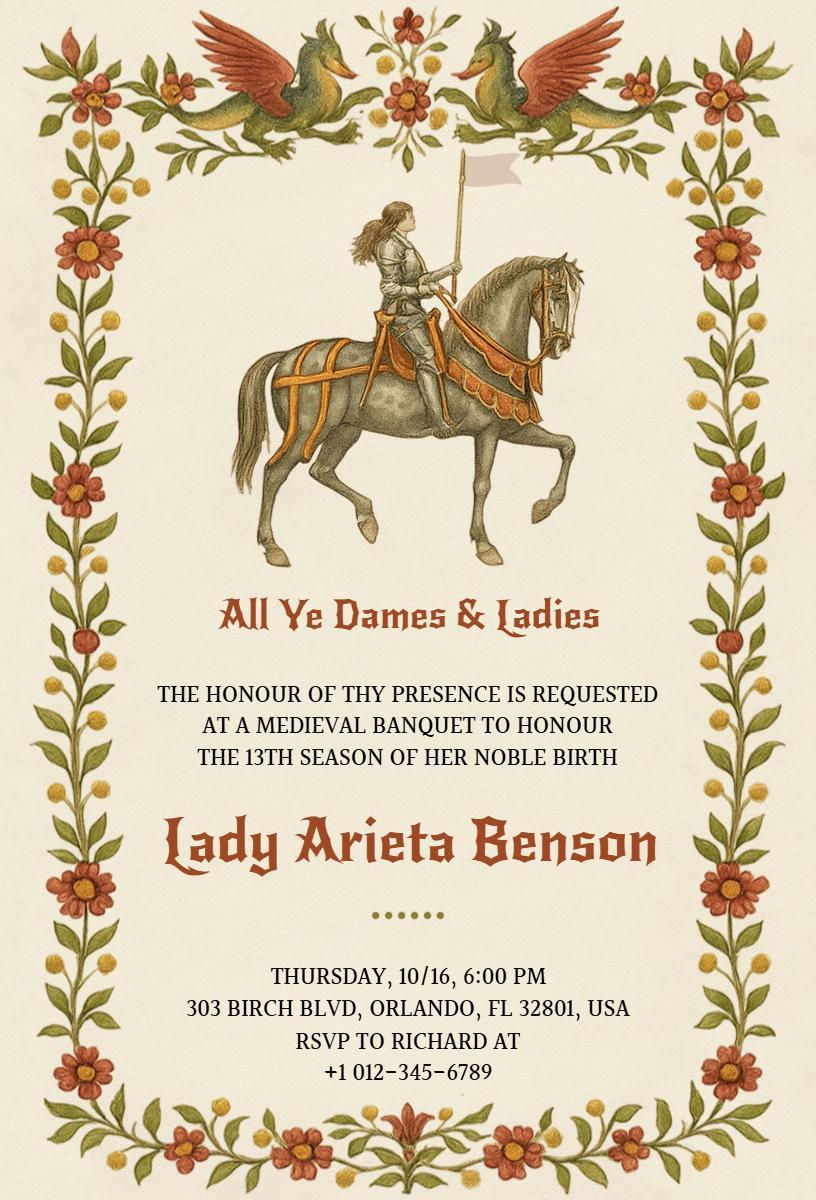 Medieval Banquet celebrating Noble Birth Birthday Invitation Template