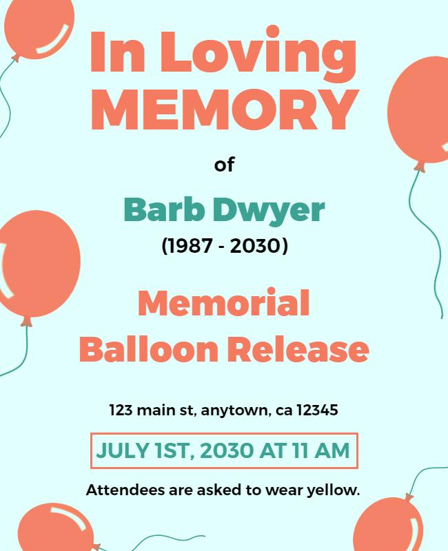 Playful Coral Balloon Release Memorial Event Flyer Template