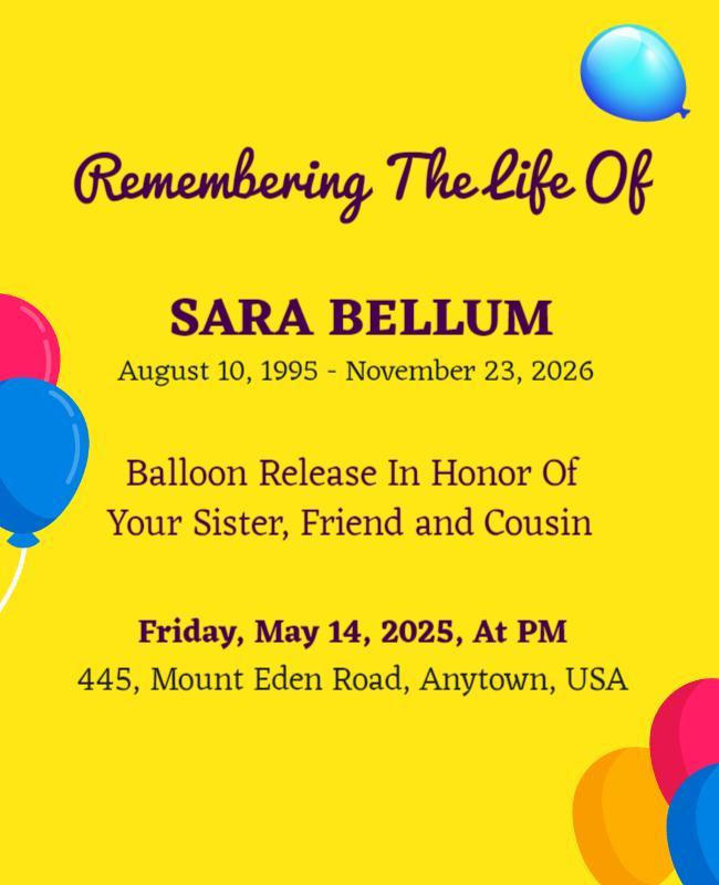 Bright Yellow Balloon Release Memorial Celebration Flyer Template