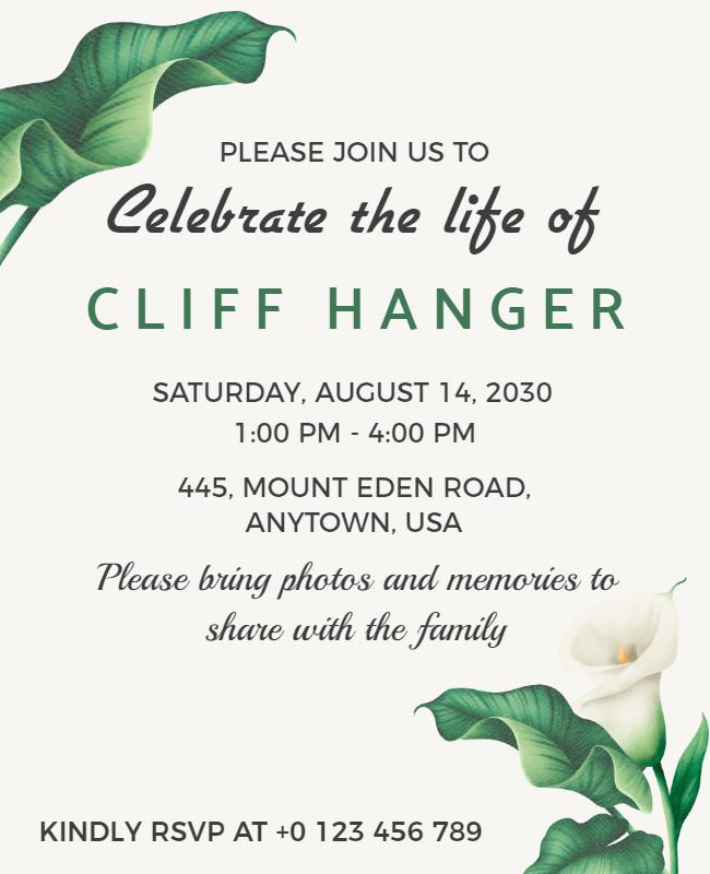 Memorial Celebration Invitation Flyer with Greenery Template