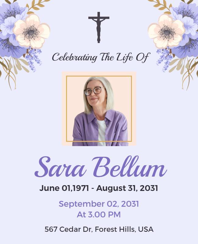 Elegant Soft Blue Floral Memorial Service Flyer Template