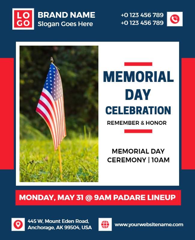 Festive Red White Blue Memorial Day Ceremony Announcement Flyer Template