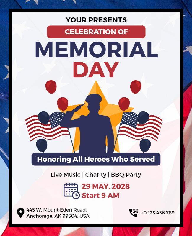 Patriotic Red White Blue Memorial Day Celebration Flyer Template