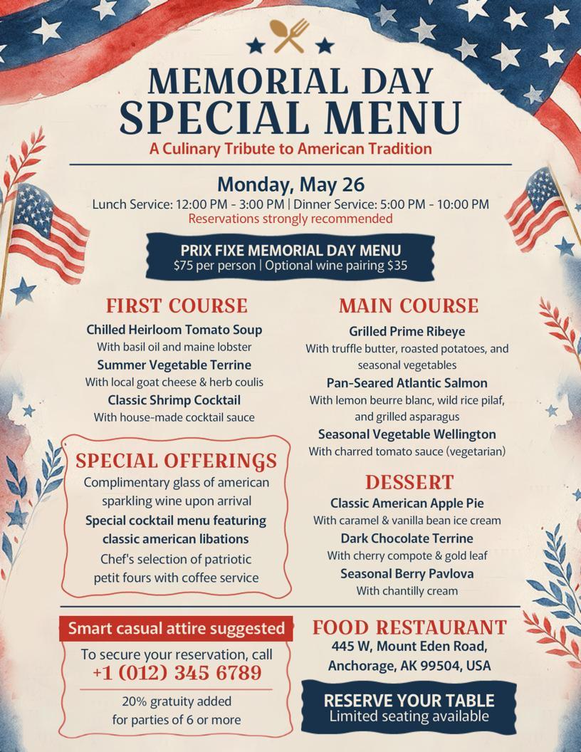 Memorial Day Restaurant Special Menu Flyer Template