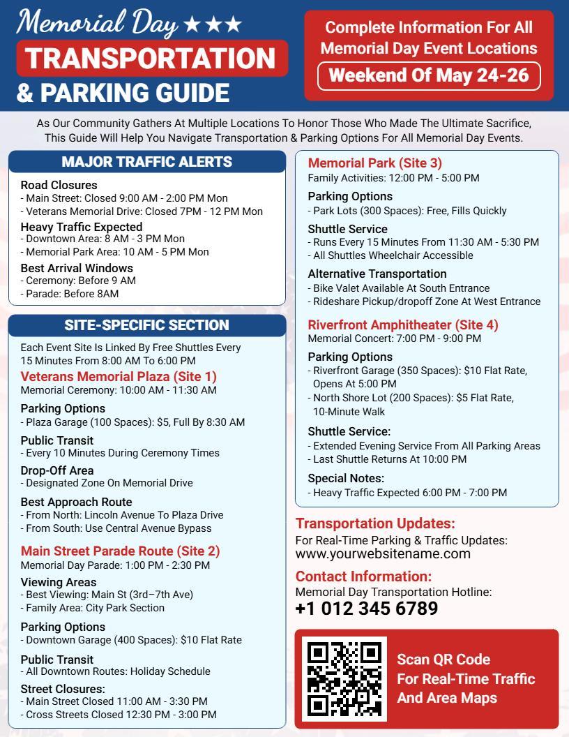 Memorial Day Transportation & Parking Guide Flyer Template