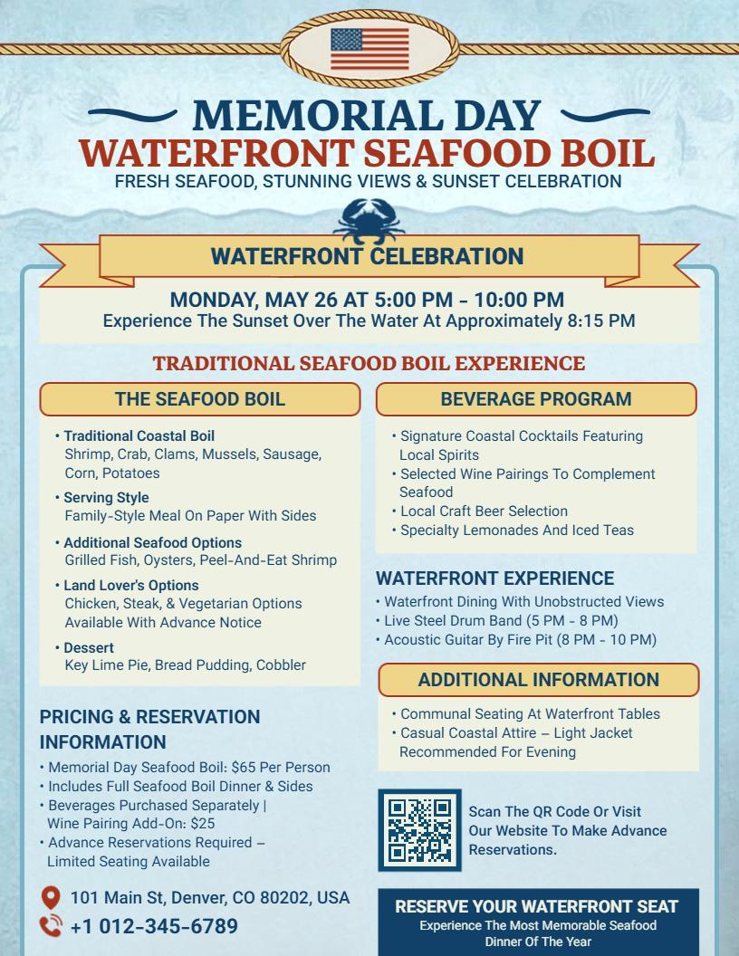 Memorial Day Waterfront Seafood Boil Flyer Template