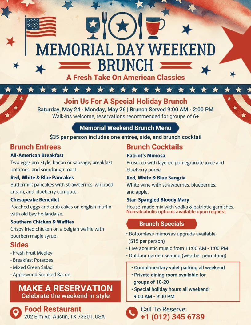 Memorial Day Weekend Brunch Menu Flyer Template