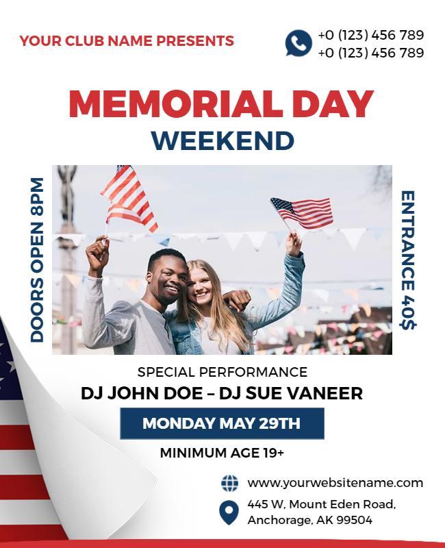 Patriotic Red and Blue Memorial Day Weekend Celebration Flyer Template