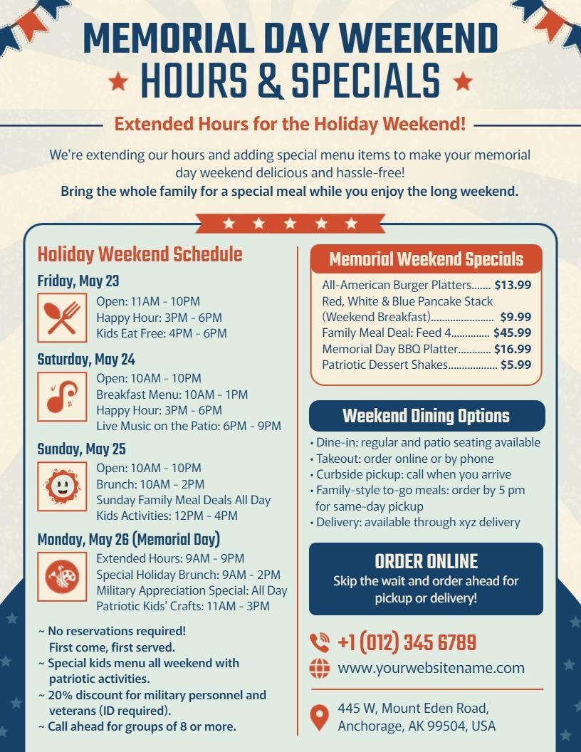 Memorial Day Weekend Hours and Specials Menu Flyer Template