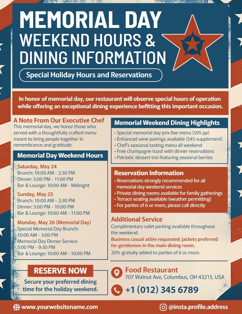 Memorial Day Weekend Hours & Dining Info Flyer Template