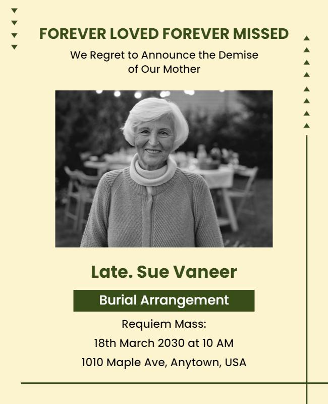 Serene Green Memorial Announcement for Funeral Services Flyer Template