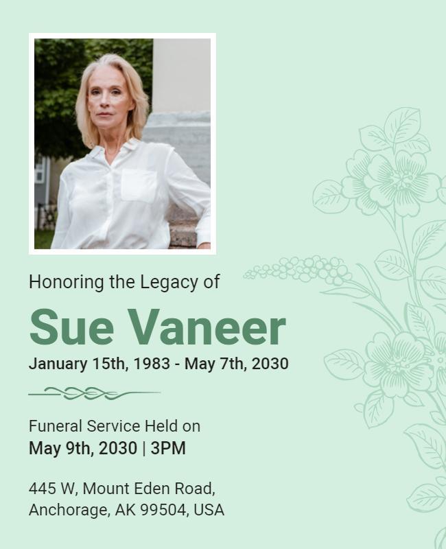 Elegant Green Floral Memorial Service Tribute Flyer Template