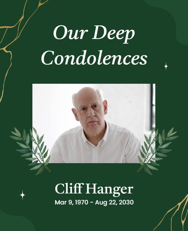 Elegant Green and Gold Condolence Announcement Flyer Template