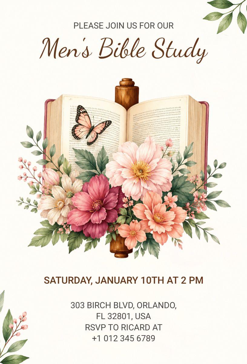 Men's Bible Study Gathering Floral Church Invitation Template