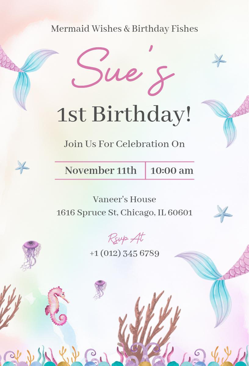 Mermaid Theme Colorful 1st Birthday Celebration Invitation Template