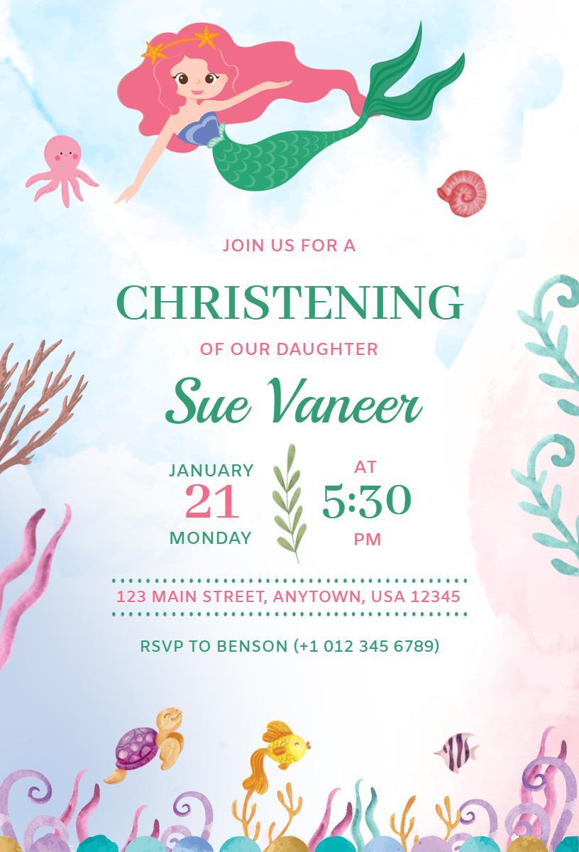 Mermaid Undersea Theme Christening Celebration Invitation Template