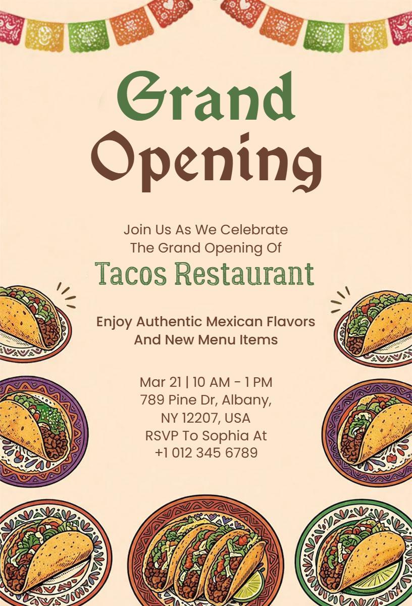 Mexican Tacos Restaurant Grand Opening Invitation Template