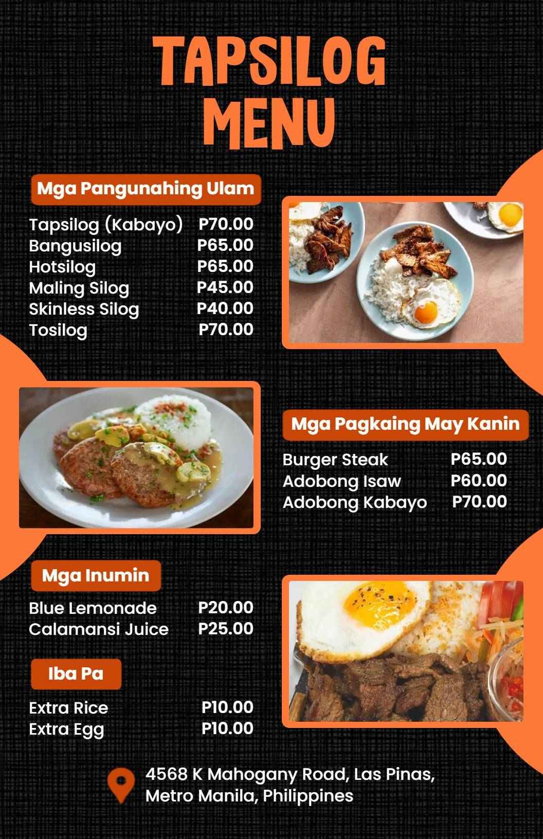 Mga Authentic Filipino Dish Na Nagtatampok Ng Tapsilog at Silog Specials Menu Template