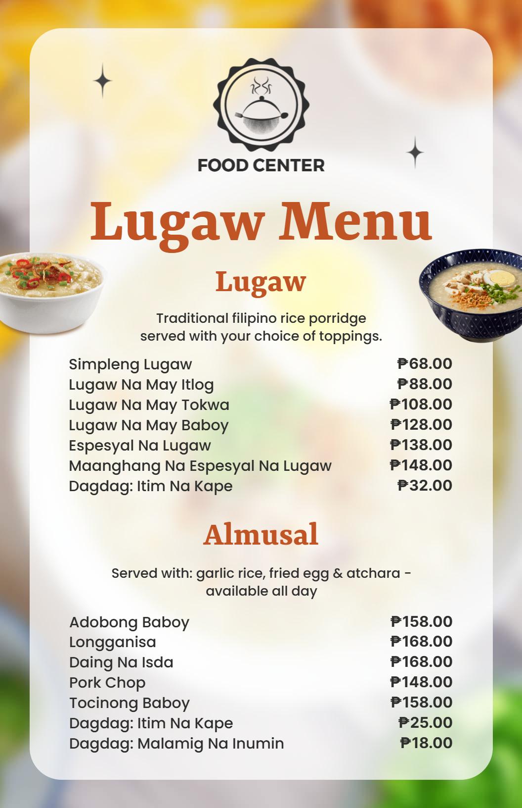 Mga Tradisyonal Na Pagkaing Pilipino Na May Kanin Na May Masarap Na Template Ng Menu Ng Pagkaing Lugaw