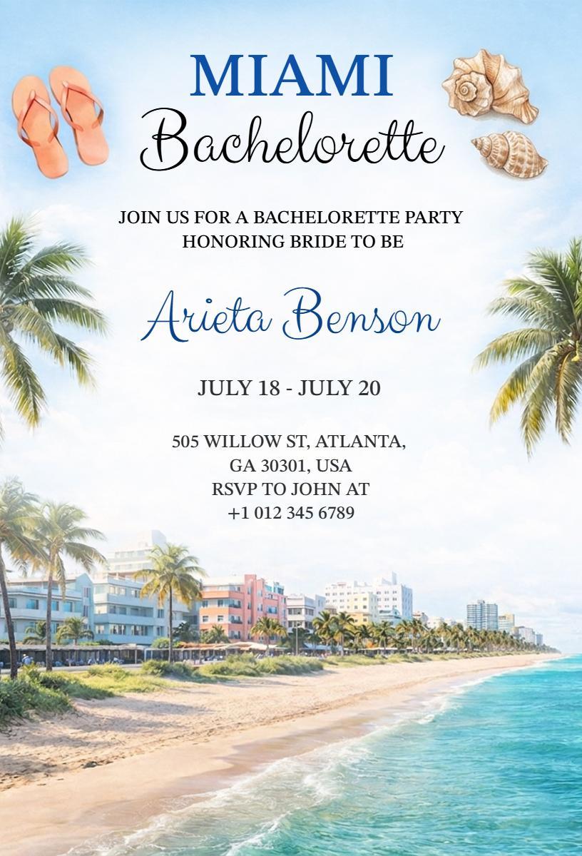 Miami Beach Themed Bachelorette Party Celebration Invitation Template
