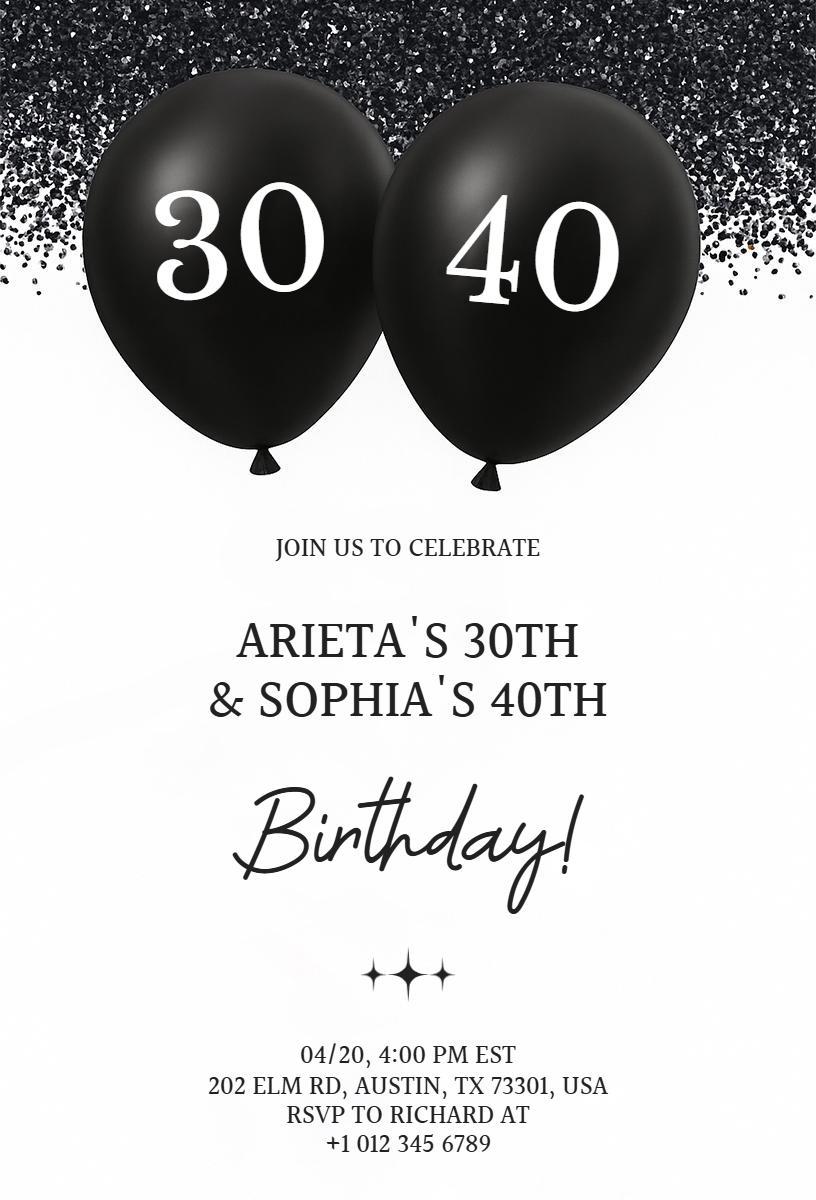 Milestone Black Balloon Dual Birthday Celebration Invitation Template