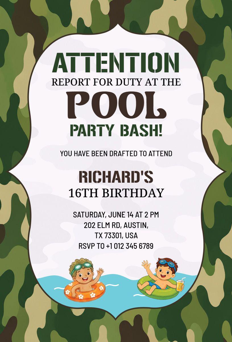 Military Camouflage Pool Party Bash Birthday Invitation Template