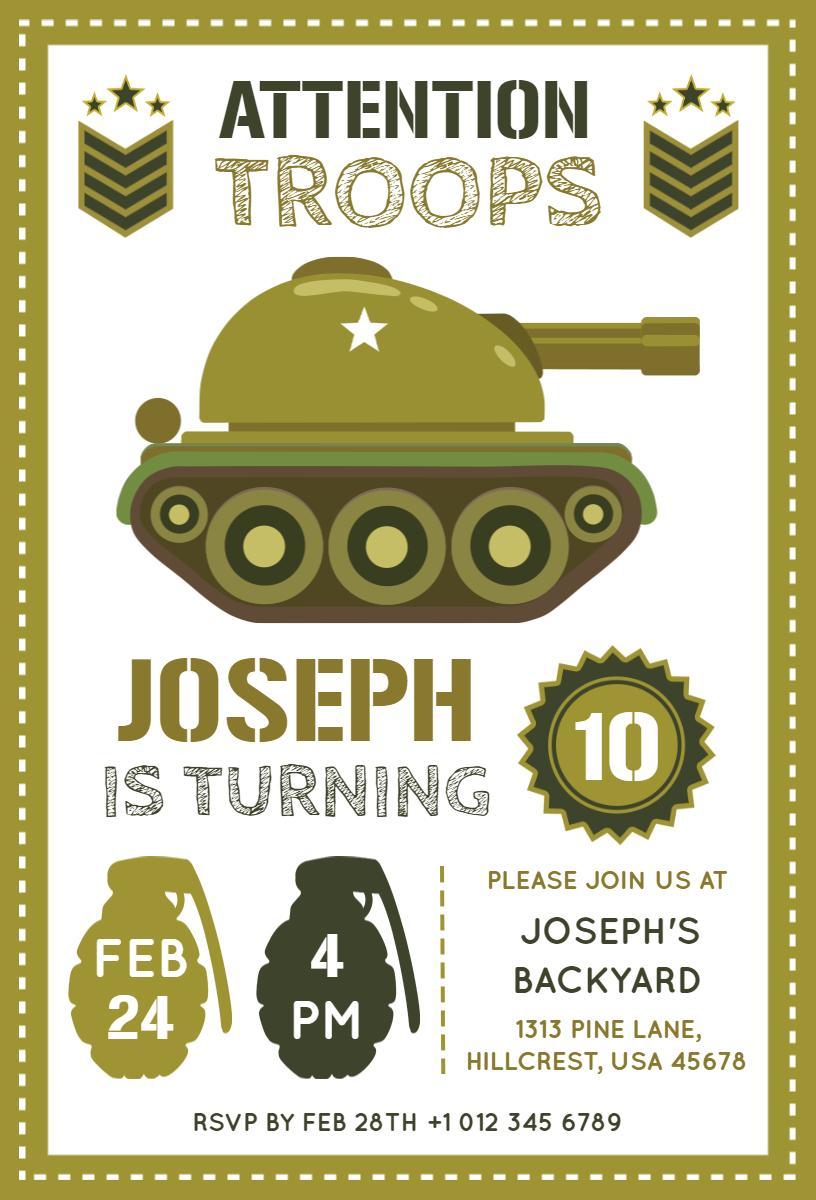 Military Tank Theme 10th Birthday Party Invitation Template