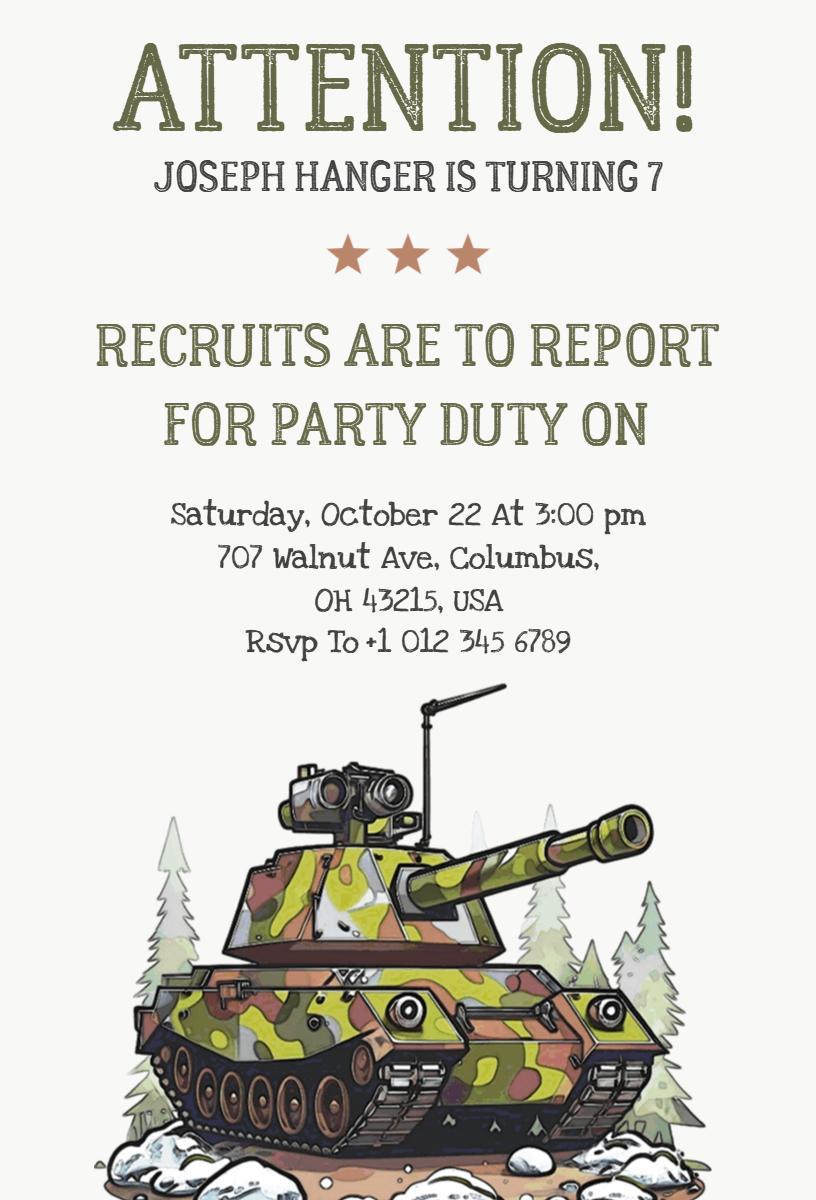 Military Tank Theme Birthday Party Celebration Invitation Template