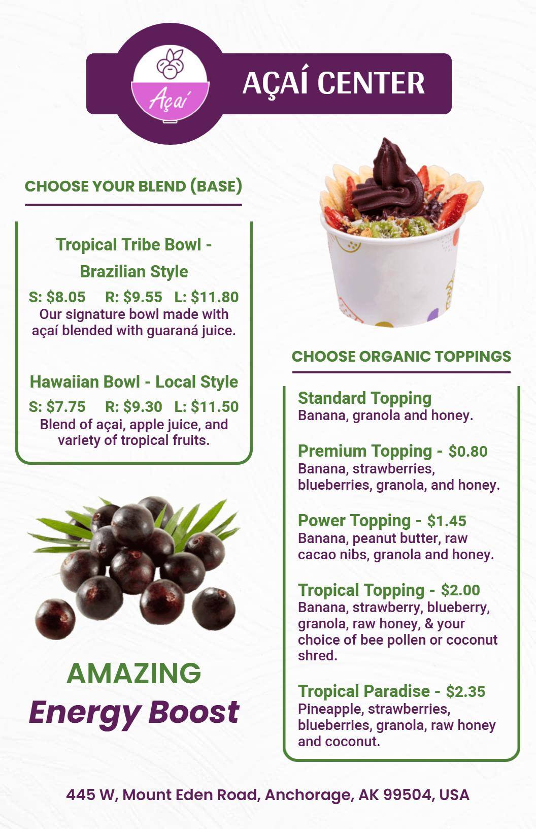 Minimalist Açaí Smoothie and Bowl Options Menu Template