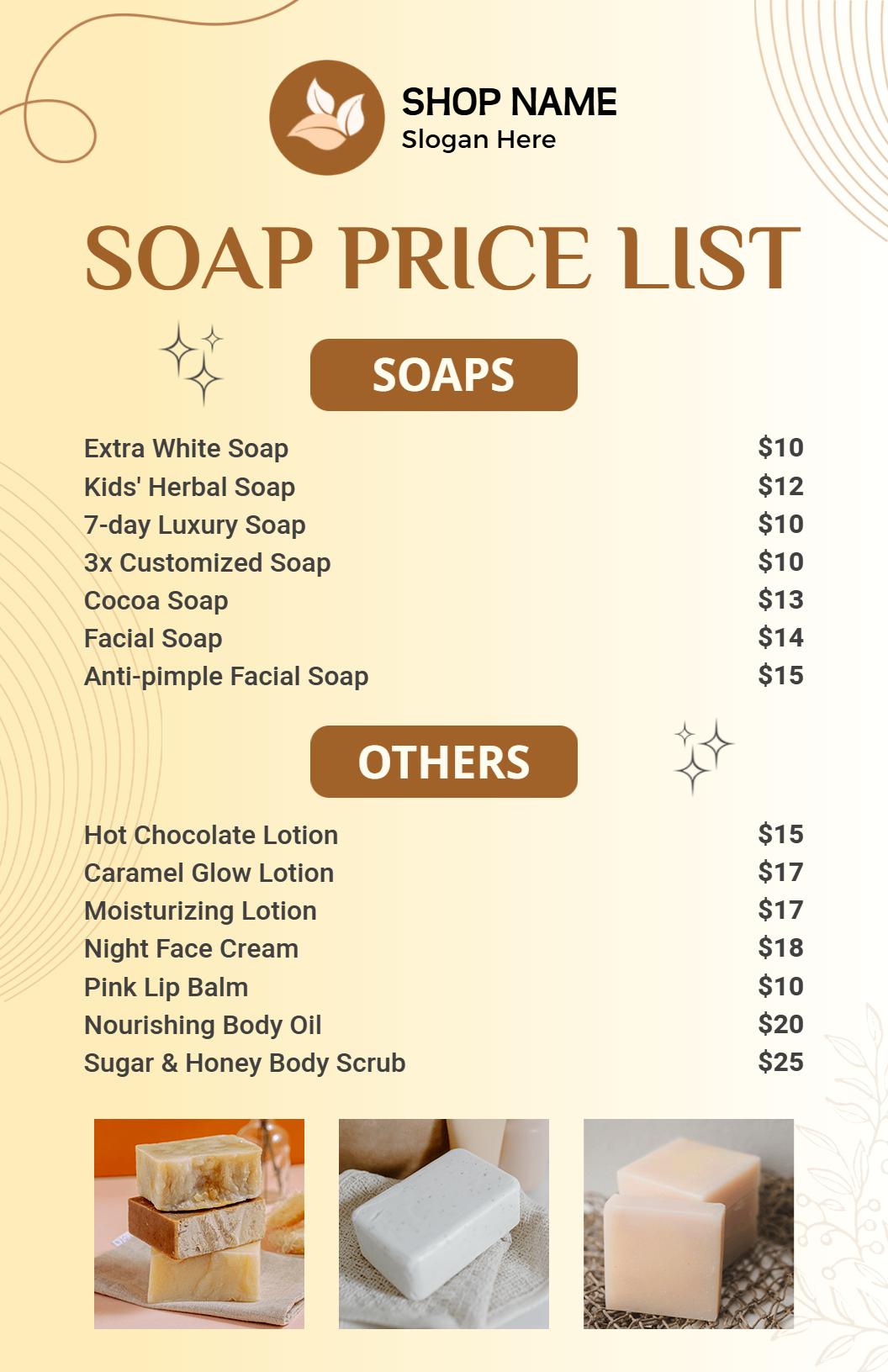 Minimalist Beige and Brown Soap Price List Template