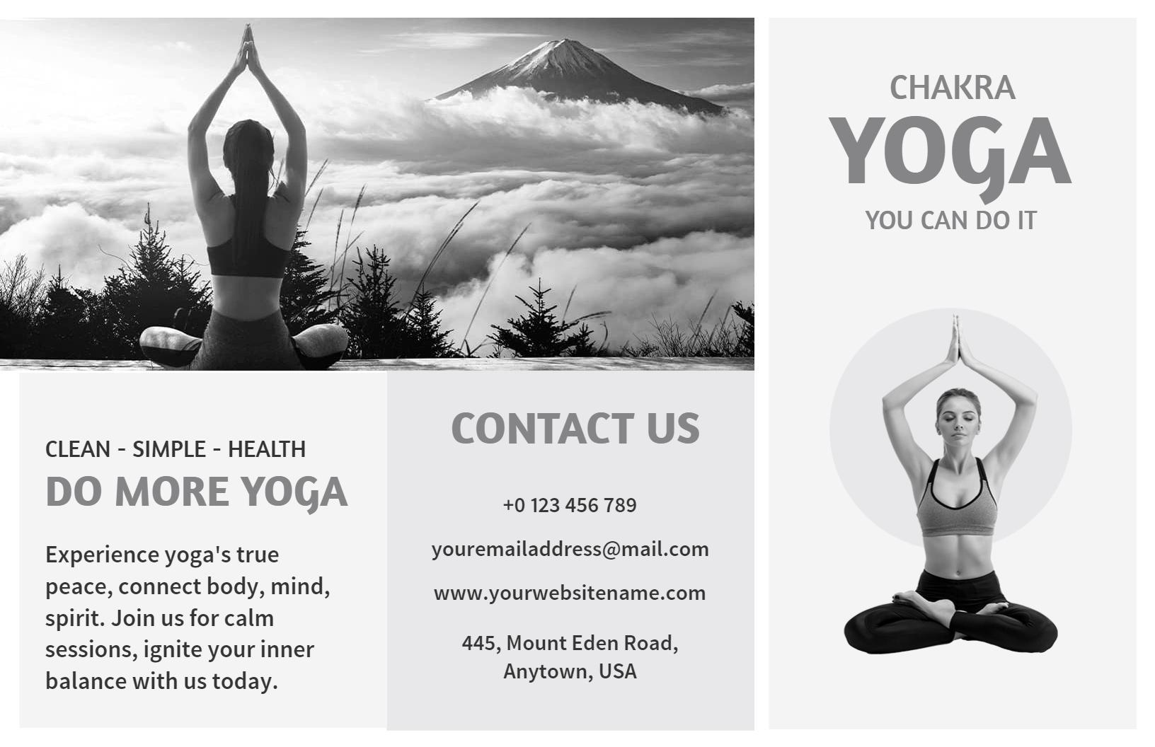 Minimalist Black and White Yoga Practice Classes Brochure Template