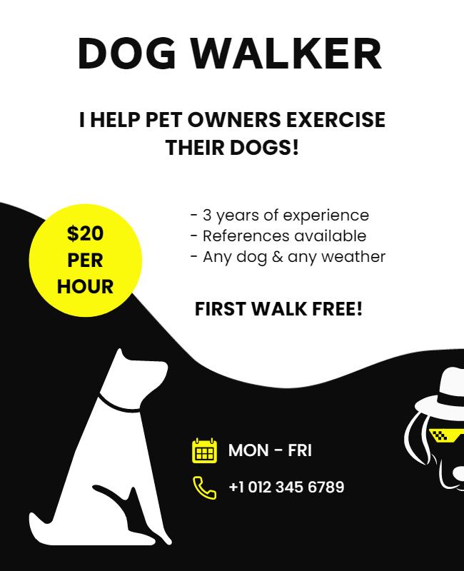 Minimalist Black and Yellow Dog Walking Service Poster Template