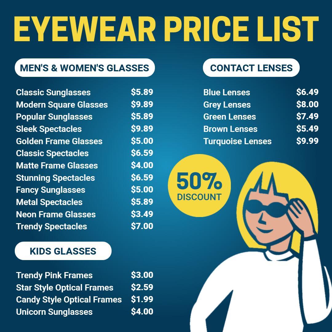 Minimalist Blue and White Eyewear Price List Template
