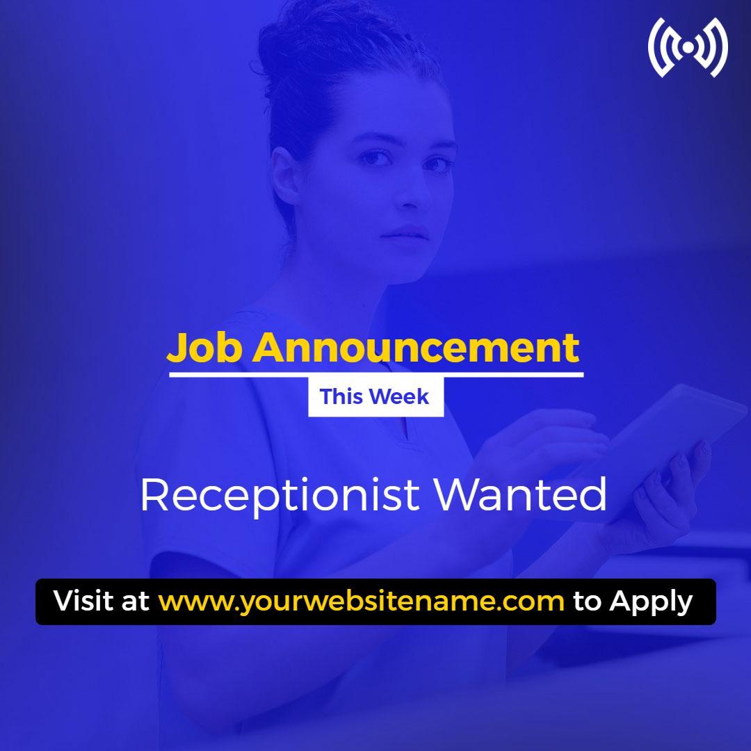 Minimalist Blue Job Announcement for Receptionist Wanted Ad Template