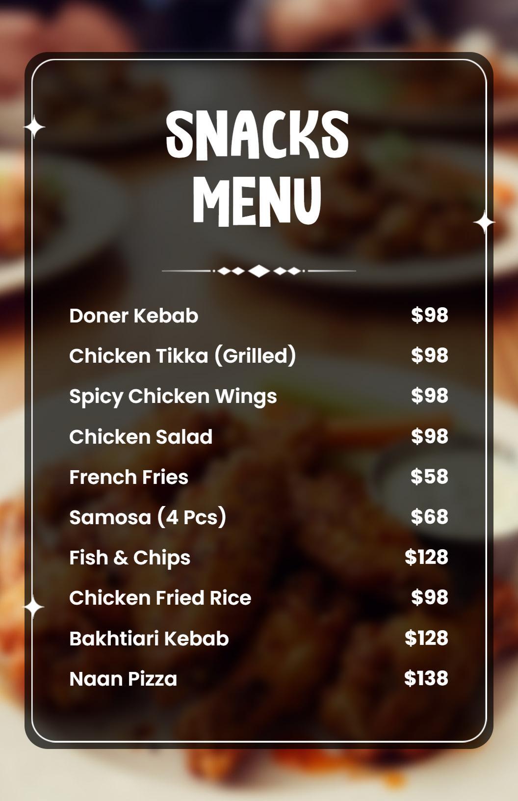 Minimalist Brown Blurred Background Snacks Menu Template