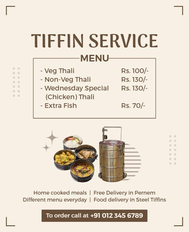 Minimalist Brown Tiffin Service Menu Delivery Poster Template