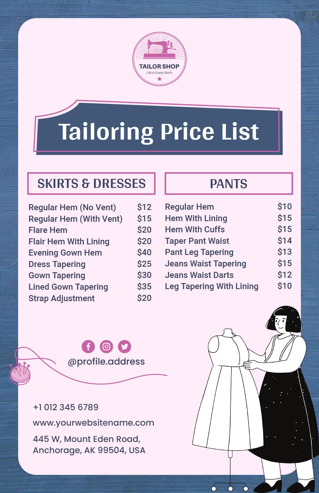 Minimalist Dress Form Illustration Tailor Price List Template