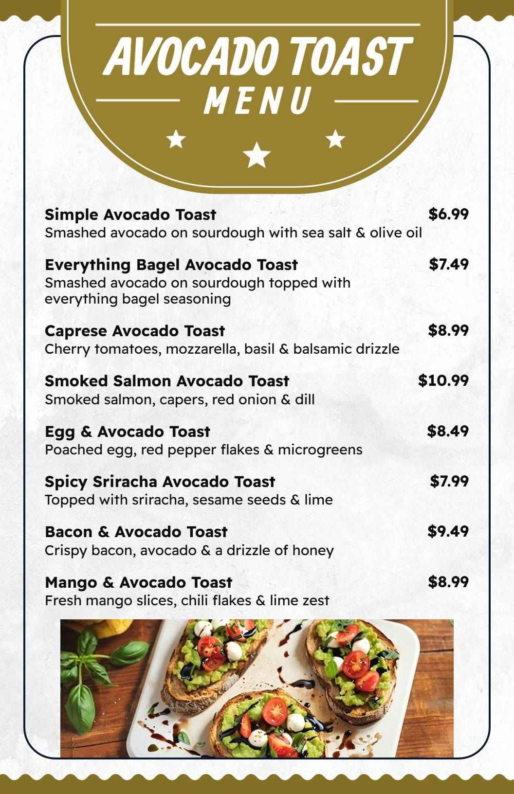 Minimalist Green and Brown Gourmet Avocado Toast Menu Template