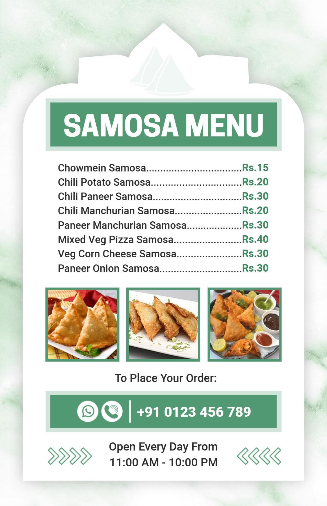 Minimalist Green Samosa Snack Selection Menu Template