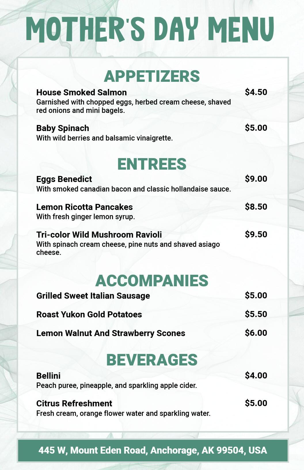 Minimalist Greenery Mother's Day Menu Template