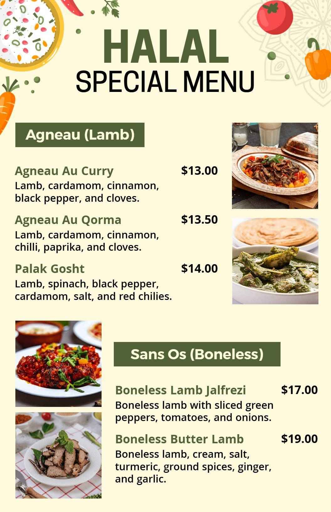 Minimalist Halal Boneless Lamb Specials Listing Menu Template