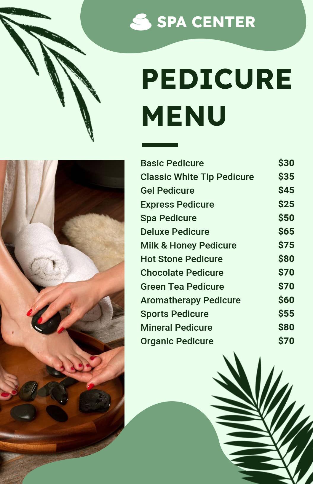 Minimalist Leaf Design Spa Pedicure Treatment Menu Template