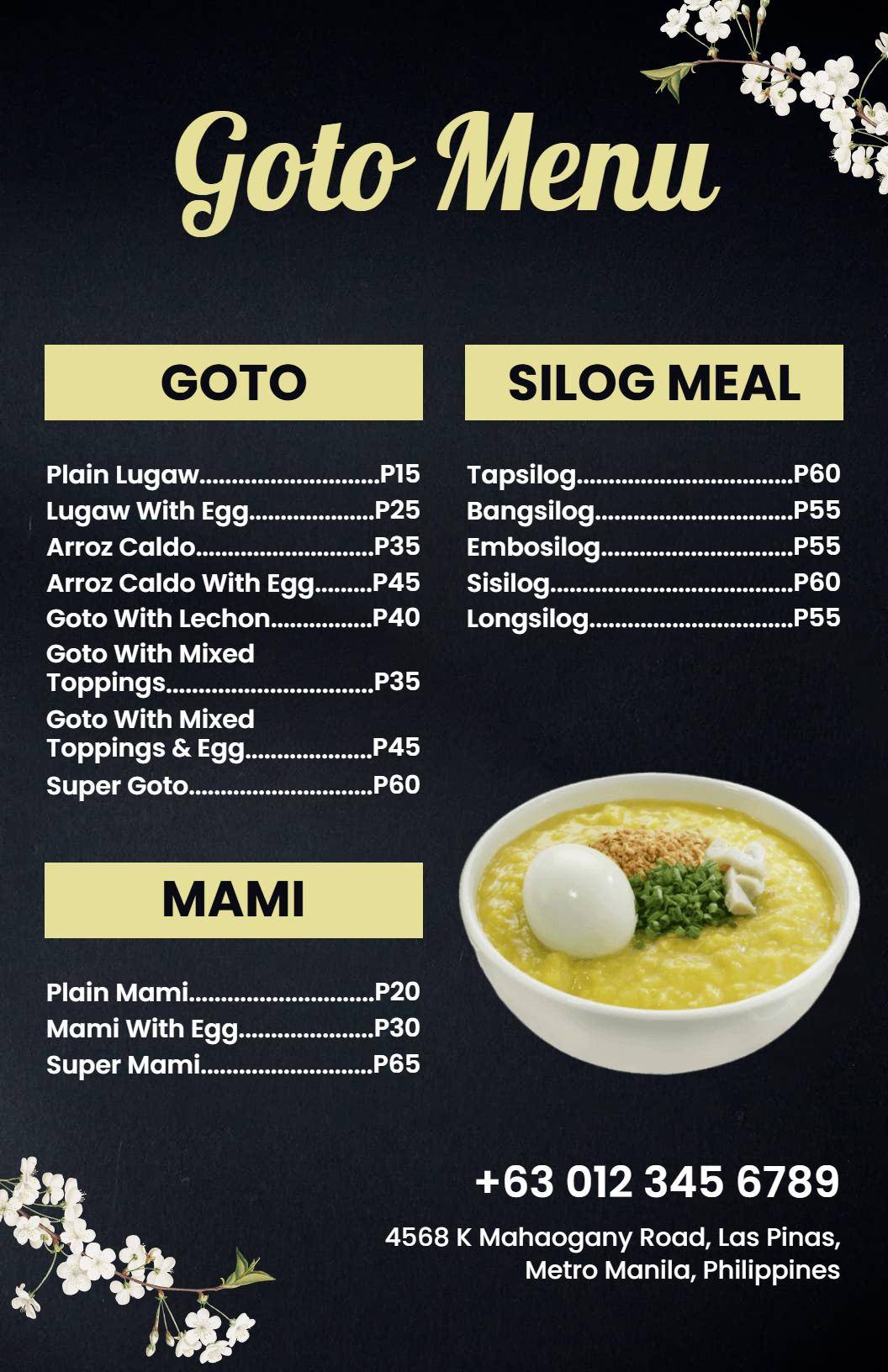 Minimalist Na Itim Na Bulaklak Na Tradisyonal Na Template Ng Goto Menu