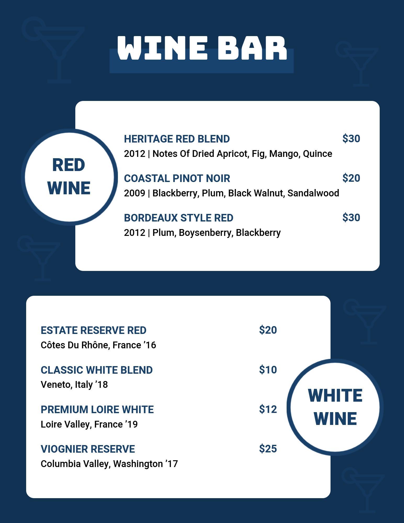 Minimalist Navy and White Wine Bar Menu Template