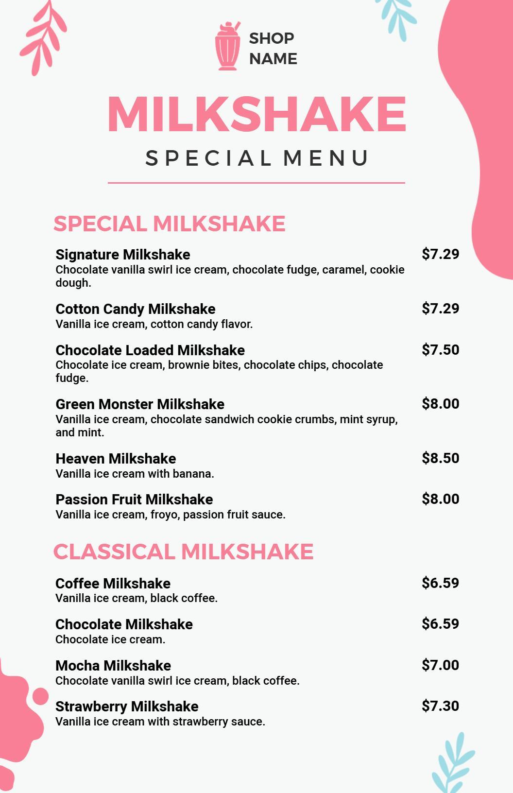 Minimalist Pink Themed Milkshake Options Menu Template